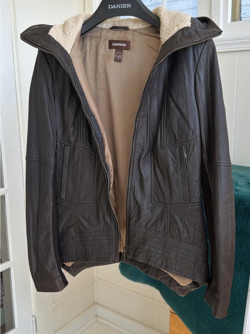 Danier Brown Leather Jacket with Cream Shearling Hood